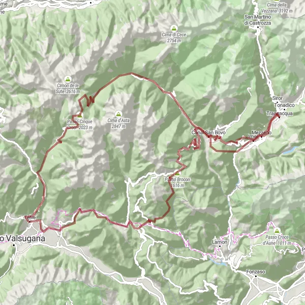 Miniatua del mapa de inspiración ciclista "Ruta de ciclismo de grava Passo Gobbera - Passo Brocon - Caoria - Monte Totoga - Imer - Transacqua" en Provincia Autonoma di Trento, Italy. Generado por Tarmacs.app planificador de rutas ciclistas