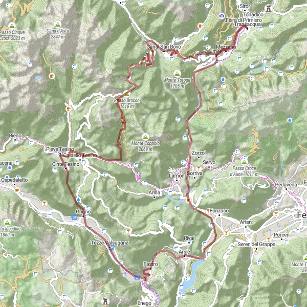 Miniatua del mapa de inspiración ciclista "Ruta de gravilla de Fiera di Primiero" en Provincia Autonoma di Trento, Italy. Generado por Tarmacs.app planificador de rutas ciclistas
