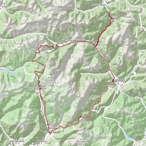Miniatua del mapa de inspiración ciclista "Aventura en bicicleta de grava por los Dolomitas" en Provincia Autonoma di Trento, Italy. Generado por Tarmacs.app planificador de rutas ciclistas