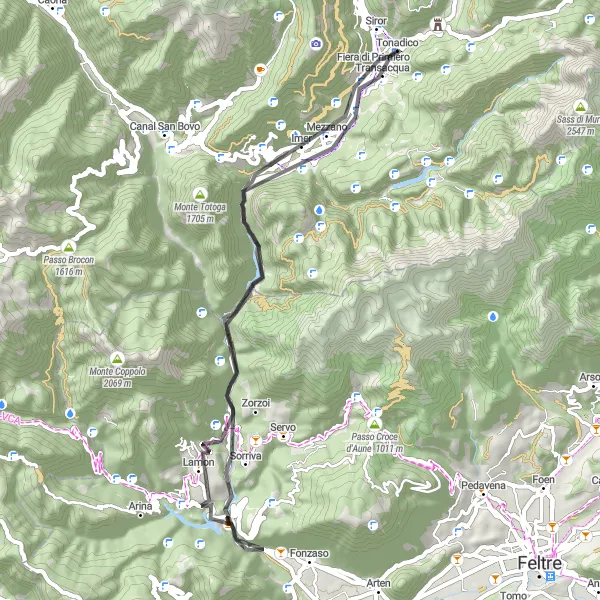 Miniatura della mappa di ispirazione al ciclismo "Giro panoramico verso Imer e Siror" nella regione di Provincia Autonoma di Trento, Italy. Generata da Tarmacs.app, pianificatore di rotte ciclistiche