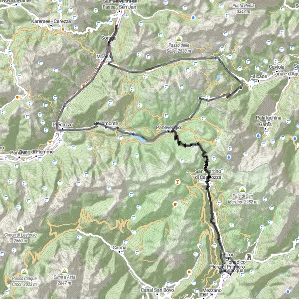 Map miniature of "Tonadico to Fiera di Primiero" cycling inspiration in Provincia Autonoma di Trento, Italy. Generated by Tarmacs.app cycling route planner