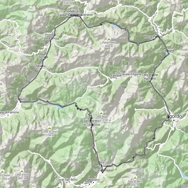 Miniatua del mapa de inspiración ciclista "Desafío de ciclismo en carretera a través de los Dolomitas" en Provincia Autonoma di Trento, Italy. Generado por Tarmacs.app planificador de rutas ciclistas