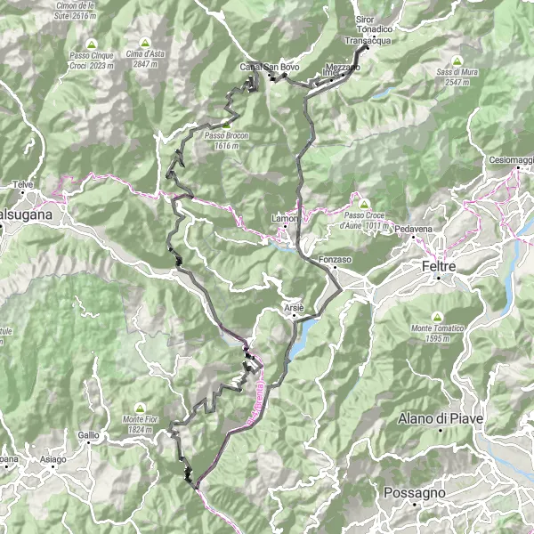 Miniatura mapy "Długa trasa szosowa przez Passo Brocon i Monte Pasolin" - trasy rowerowej w Provincia Autonoma di Trento, Italy. Wygenerowane przez planer tras rowerowych Tarmacs.app