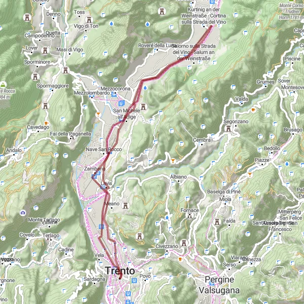 Zemljevid v pomanjšavi "Kolesarska pot okoli Trenta - Provincia Autonoma di Trento" kolesarske inspiracije v Provincia Autonoma di Trento, Italy. Generirano z načrtovalcem kolesarskih poti Tarmacs.app