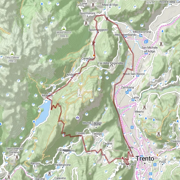 Miniatuurkaart van de fietsinspiratie "Gravelroute van Trento naar Soprasasso via Andalo en Covelo" in Provincia Autonoma di Trento, Italy. Gemaakt door de Tarmacs.app fietsrouteplanner