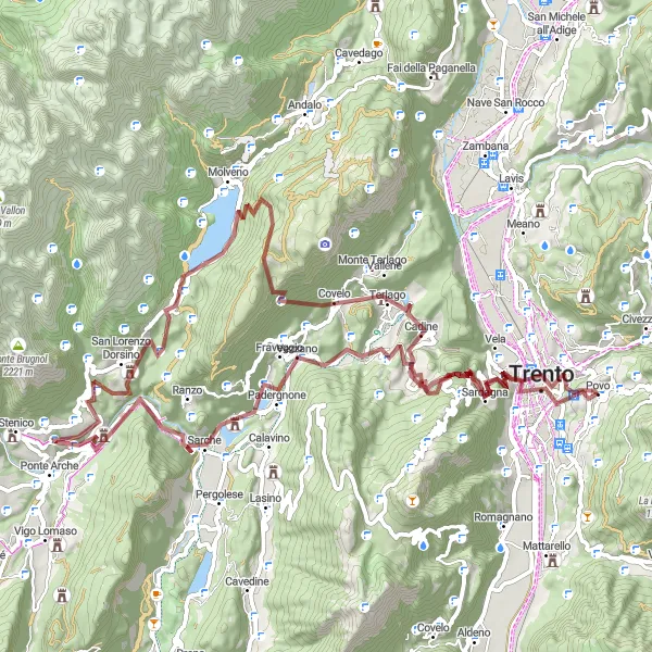 Karttaminiaatyyri "Gravel Route to Monte Mezzana" pyöräilyinspiraatiosta alueella Provincia Autonoma di Trento, Italy. Luotu Tarmacs.app pyöräilyreittisuunnittelijalla