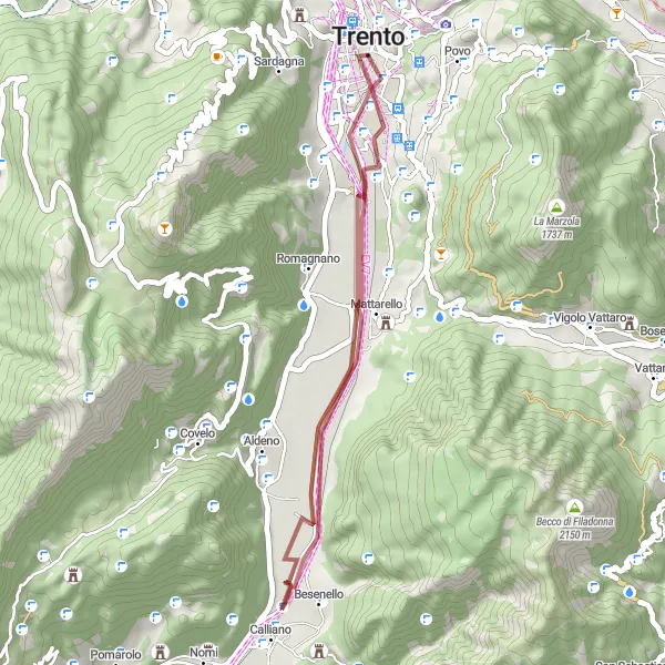 Miniatuurkaart van de fietsinspiratie "Graveltocht langs historische bezienswaardigheden van Trento" in Provincia Autonoma di Trento, Italy. Gemaakt door de Tarmacs.app fietsrouteplanner