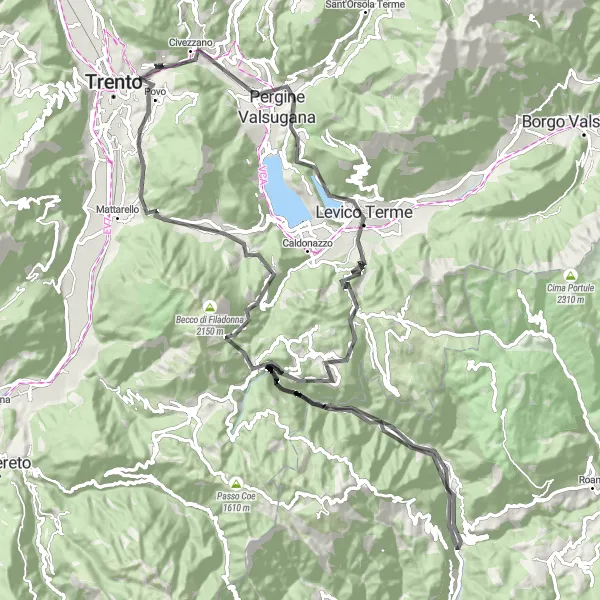 Miniature de la carte de l'inspiration cycliste "Défi des Cols de Trento" dans la Provincia Autonoma di Trento, Italy. Générée par le planificateur d'itinéraire cycliste Tarmacs.app