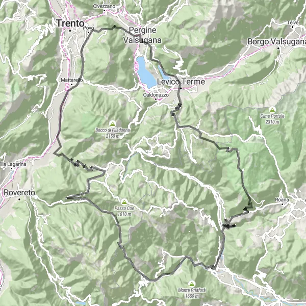 Zemljevid v pomanjšavi "Kolesarska pot s panoramskimi razgledi v bližini Trenta" kolesarske inspiracije v Provincia Autonoma di Trento, Italy. Generirano z načrtovalcem kolesarskih poti Tarmacs.app