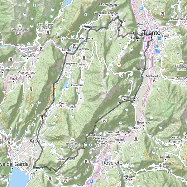 Miniature de la carte de l'inspiration cycliste "La Boucle des Montagnes de Trento" dans la Provincia Autonoma di Trento, Italy. Générée par le planificateur d'itinéraire cycliste Tarmacs.app