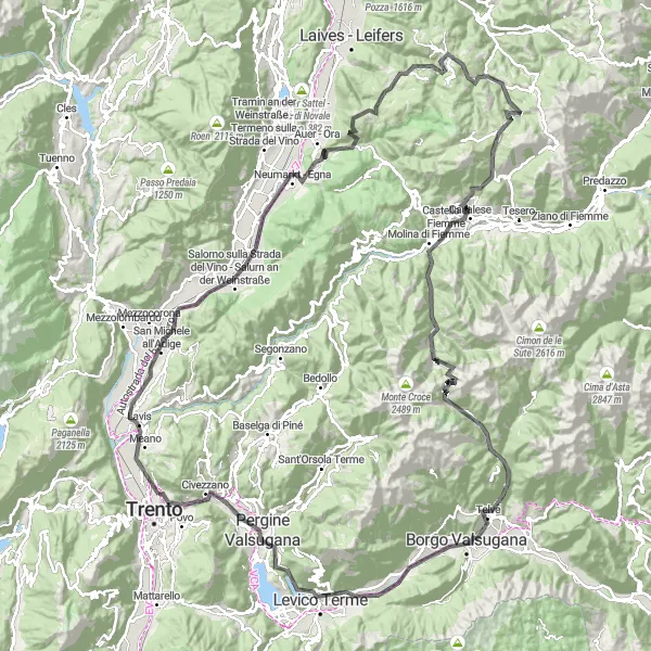 Miniatura della mappa di ispirazione al ciclismo "Cicloturismo ai Monti del Trentino" nella regione di Provincia Autonoma di Trento, Italy. Generata da Tarmacs.app, pianificatore di rotte ciclistiche