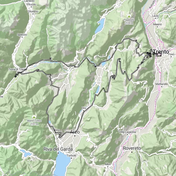 Miniaturní mapa "Výzva kolem Trenta a Monte Grum" inspirace pro cyklisty v oblasti Provincia Autonoma di Trento, Italy. Vytvořeno pomocí plánovače tras Tarmacs.app