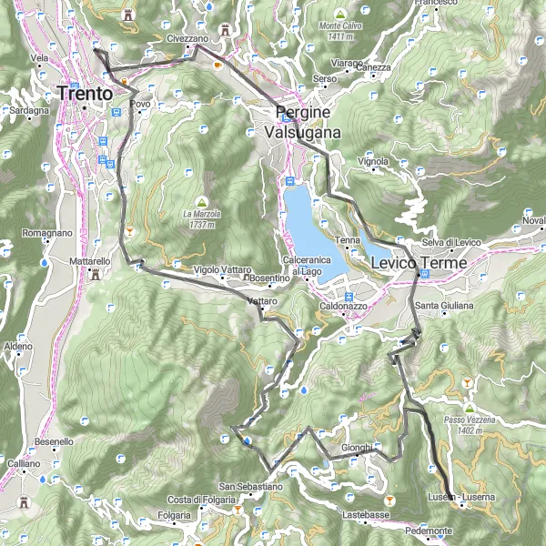 Miniaturní mapa "Výzva okolo Trenta" inspirace pro cyklisty v oblasti Provincia Autonoma di Trento, Italy. Vytvořeno pomocí plánovače tras Tarmacs.app