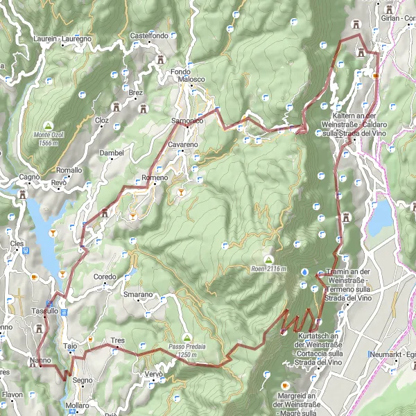 Miniatua del mapa de inspiración ciclista "Ruta de Ciclismo de Grava de Tuenno a Portolo" en Provincia Autonoma di Trento, Italy. Generado por Tarmacs.app planificador de rutas ciclistas