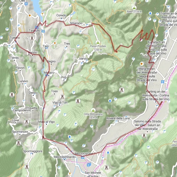 Miniature de la carte de l'inspiration cycliste "Itinéraire des Vignobles et des Sommets" dans la Provincia Autonoma di Trento, Italy. Générée par le planificateur d'itinéraire cycliste Tarmacs.app