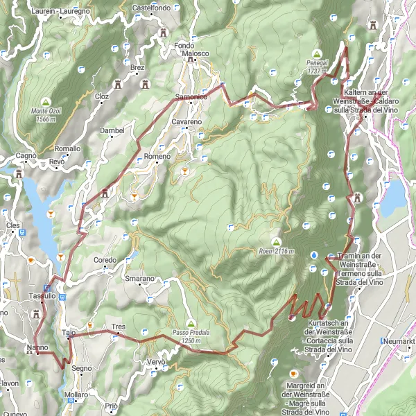 Map miniature of "Tres and Alpine Wonders" cycling inspiration in Provincia Autonoma di Trento, Italy. Generated by Tarmacs.app cycling route planner