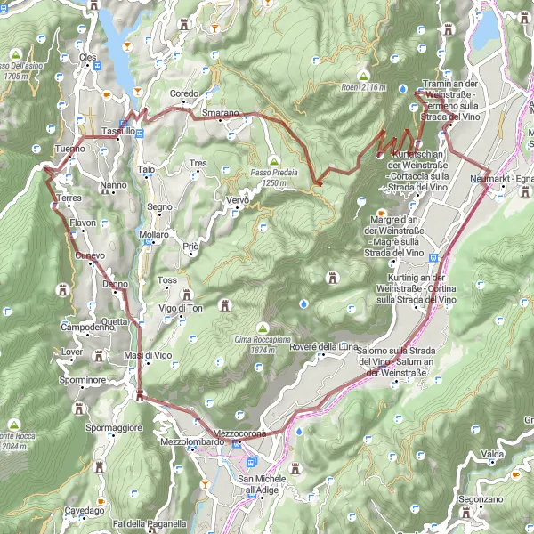 Miniaturní mapa "Poznávací cyklotrasa kolem Tuenno" inspirace pro cyklisty v oblasti Provincia Autonoma di Trento, Italy. Vytvořeno pomocí plánovače tras Tarmacs.app