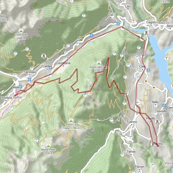 Miniatua del mapa de inspiración ciclista "Ruta de grava a través de Tassullo, Belvedere, Caldes y Tuenno" en Provincia Autonoma di Trento, Italy. Generado por Tarmacs.app planificador de rutas ciclistas