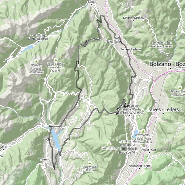 Mapa miniatúra "Cestná cyklotrasa Cloz - Castel Valer" cyklistická inšpirácia v Provincia Autonoma di Trento, Italy. Vygenerované cyklistickým plánovačom trás Tarmacs.app