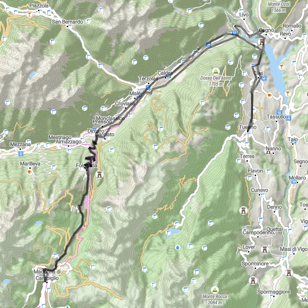 Miniatua del mapa de inspiración ciclista "Ruta de Ciclismo de Carretera de Tuenno a Cagnò" en Provincia Autonoma di Trento, Italy. Generado por Tarmacs.app planificador de rutas ciclistas