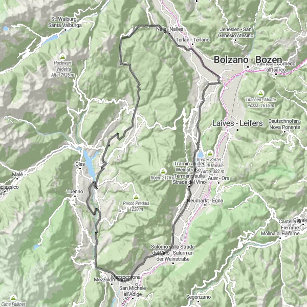 Miniature de la carte de l'inspiration cycliste "Circuit des Châteaux et Panoramas" dans la Provincia Autonoma di Trento, Italy. Générée par le planificateur d'itinéraire cycliste Tarmacs.app