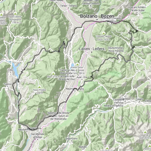 Kartminiatyr av "Utmanande vägcykling mot Bolzano och Taio" cykelinspiration i Provincia Autonoma di Trento, Italy. Genererad av Tarmacs.app cykelruttplanerare