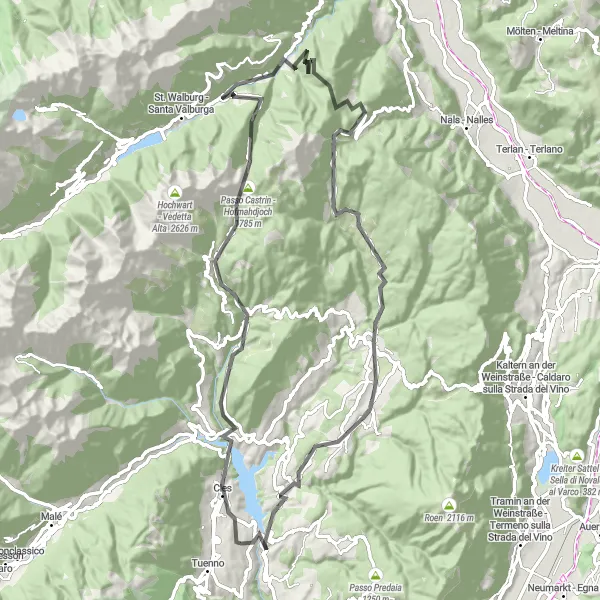 Miniaturní mapa "Okruh kolem Tuenno - Cles - Passo Castrin - Gampenpass" inspirace pro cyklisty v oblasti Provincia Autonoma di Trento, Italy. Vytvořeno pomocí plánovače tras Tarmacs.app