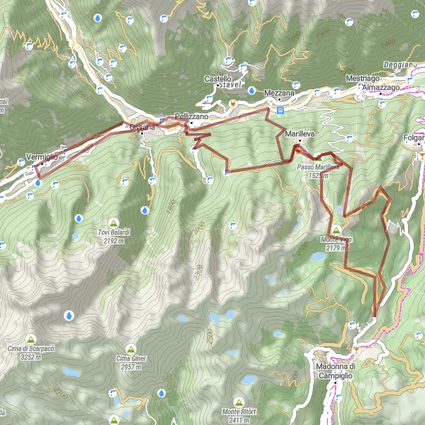 Miniatua del mapa de inspiración ciclista "Ruta de Grava desde Vermiglio" en Provincia Autonoma di Trento, Italy. Generado por Tarmacs.app planificador de rutas ciclistas