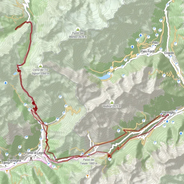 Miniature de la carte de l'inspiration cycliste "Randonnée dans les Alpes de Vermiglio" dans la Provincia Autonoma di Trento, Italy. Générée par le planificateur d'itinéraire cycliste Tarmacs.app