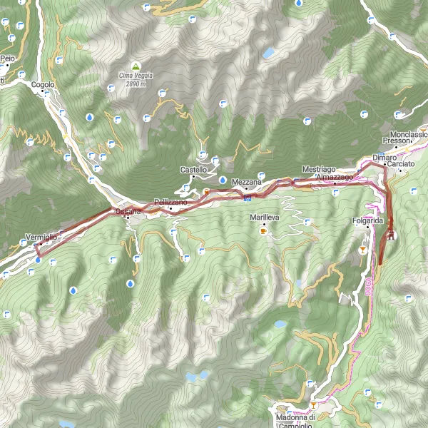 Mapa miniatúra "Gravelová cyklotrasa okolo Vermiglio" cyklistická inšpirácia v Provincia Autonoma di Trento, Italy. Vygenerované cyklistickým plánovačom trás Tarmacs.app