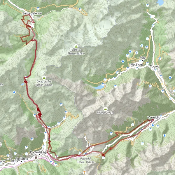 Miniatura della mappa di ispirazione al ciclismo "Avventura fuoristrada da Vermiglio a Pizzano" nella regione di Provincia Autonoma di Trento, Italy. Generata da Tarmacs.app, pianificatore di rotte ciclistiche