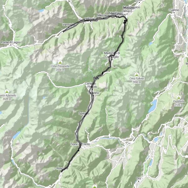 Miniatura della mappa di ispirazione al ciclismo "Tour Panoramico tra Val di Sole e Giudicarie" nella regione di Provincia Autonoma di Trento, Italy. Generata da Tarmacs.app, pianificatore di rotte ciclistiche