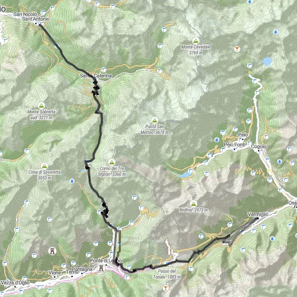 Miniatura della mappa di ispirazione al ciclismo "Sfida Estrema in Alta Quota" nella regione di Provincia Autonoma di Trento, Italy. Generata da Tarmacs.app, pianificatore di rotte ciclistiche