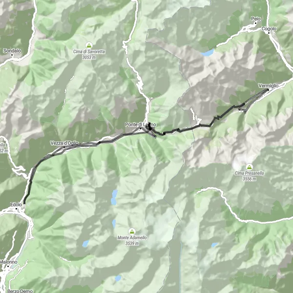 Zemljevid v pomanjšavi "Gorska cesta do Vezza d'Oglio" kolesarske inspiracije v Provincia Autonoma di Trento, Italy. Generirano z načrtovalcem kolesarskih poti Tarmacs.app