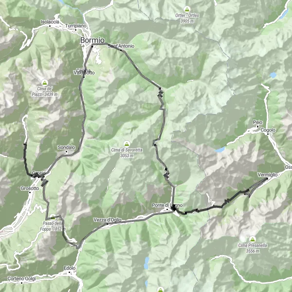Miniature de la carte de l'inspiration cycliste "Tour des Montagnes de Bormio" dans la Provincia Autonoma di Trento, Italy. Générée par le planificateur d'itinéraire cycliste Tarmacs.app
