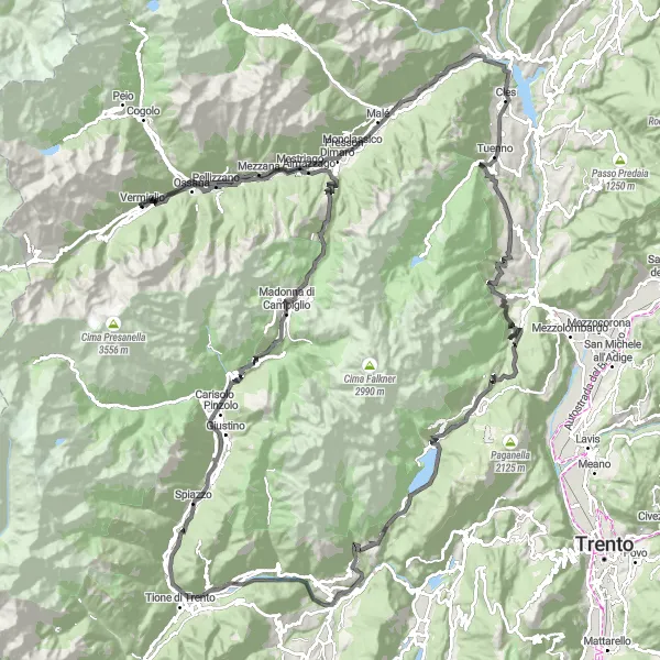 Miniature de la carte de l'inspiration cycliste "Tour des Dolomites de Trentino" dans la Provincia Autonoma di Trento, Italy. Générée par le planificateur d'itinéraire cycliste Tarmacs.app