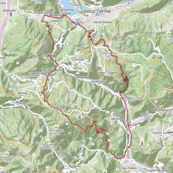 Map miniature of "Gravel Adventure to Caldonazzo and Passo Vezzena" cycling inspiration in Provincia Autonoma di Trento, Italy. Generated by Tarmacs.app cycling route planner
