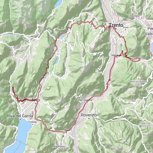 Kartminiatyr av "Vigolo Vattaro till Sarche via Monte Colodri" cykelinspiration i Provincia Autonoma di Trento, Italy. Genererad av Tarmacs.app cykelruttplanerare