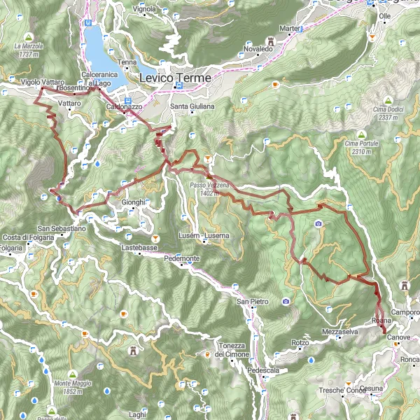 Mapa miniatúra "Challenging gravel route through the mountains" cyklistická inšpirácia v Provincia Autonoma di Trento, Italy. Vygenerované cyklistickým plánovačom trás Tarmacs.app