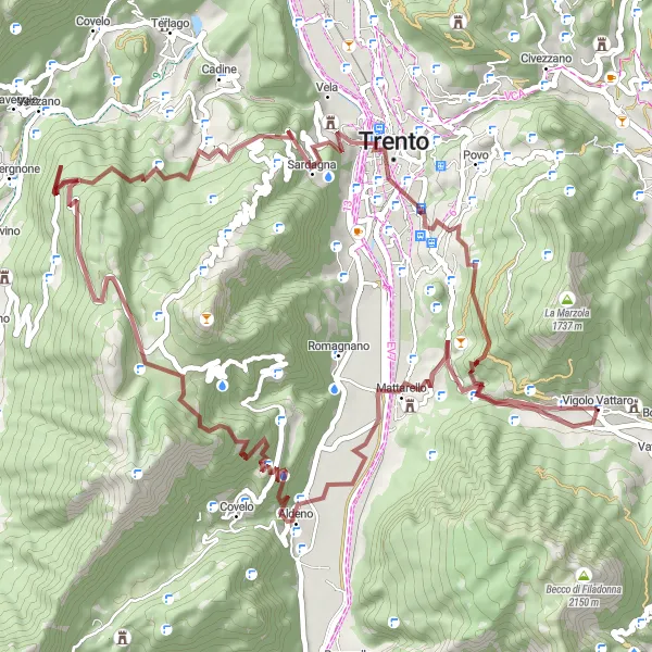 Zemljevid v pomanjšavi "Pot do Passo Camponzin" kolesarske inspiracije v Provincia Autonoma di Trento, Italy. Generirano z načrtovalcem kolesarskih poti Tarmacs.app