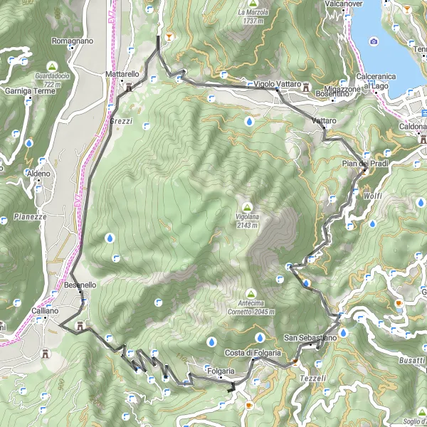 Zemljevid v pomanjšavi "Ciklov pot okoli Vigola Vattara: 50 km, 1736 m vzpona" kolesarske inspiracije v Provincia Autonoma di Trento, Italy. Generirano z načrtovalcem kolesarskih poti Tarmacs.app