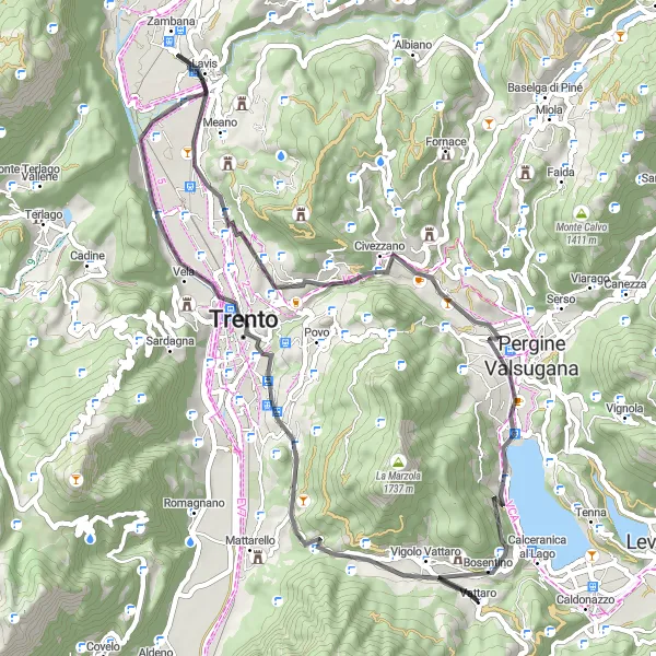 Miniatua del mapa de inspiración ciclista "Ruta a Migazzone desde Vigolo Vattaro" en Provincia Autonoma di Trento, Italy. Generado por Tarmacs.app planificador de rutas ciclistas