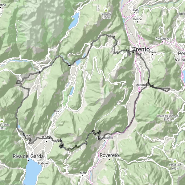 Miniatua del mapa de inspiración ciclista "Ruta de Ciclismo de Carretera alrededor de Vigolo Vattaro" en Provincia Autonoma di Trento, Italy. Generado por Tarmacs.app planificador de rutas ciclistas