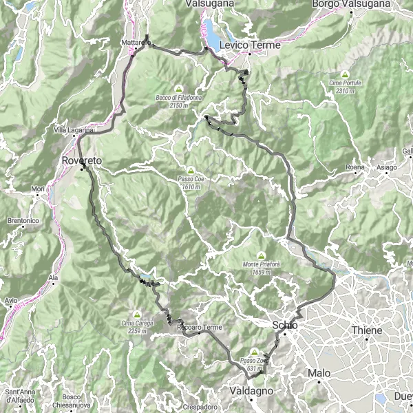 Mapa miniatúra "Náročná cyklotrasa cez Passo del Cost a Biotopo Taio" cyklistická inšpirácia v Provincia Autonoma di Trento, Italy. Vygenerované cyklistickým plánovačom trás Tarmacs.app