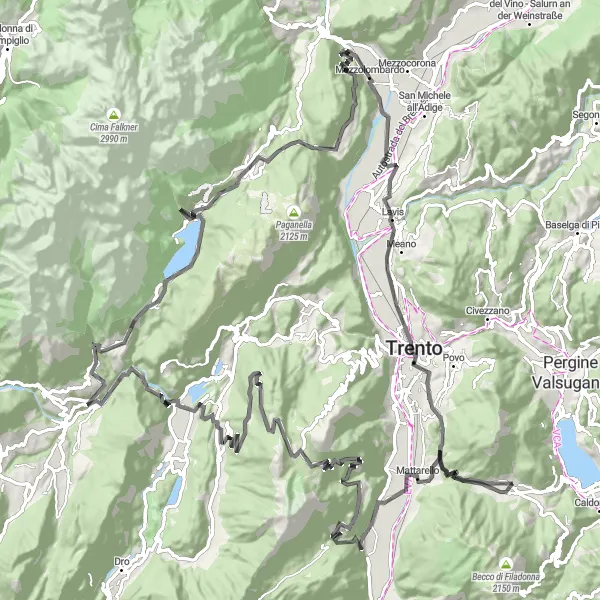 Kartminiatyr av "Dolomittene og innsjøene" sykkelinspirasjon i Provincia Autonoma di Trento, Italy. Generert av Tarmacs.app sykkelrutoplanlegger