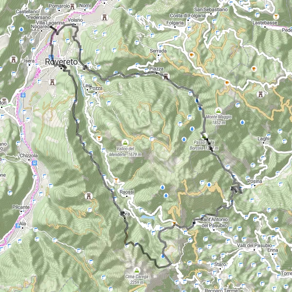 Kartminiatyr av "Bergsroadtrip till Villa Lagarina" cykelinspiration i Provincia Autonoma di Trento, Italy. Genererad av Tarmacs.app cykelruttplanerare