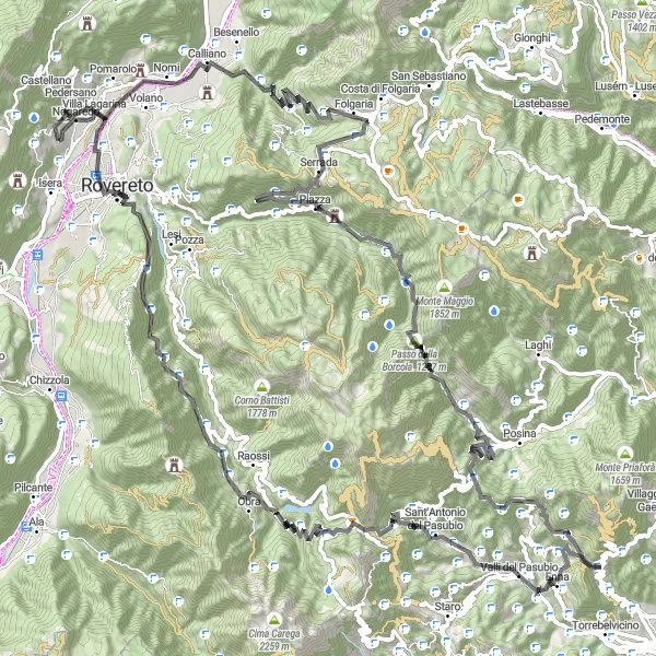 Miniatuurkaart van de fietsinspiratie "Roadtrip door de bergen: Nogaredo - Belvedere" in Provincia Autonoma di Trento, Italy. Gemaakt door de Tarmacs.app fietsrouteplanner