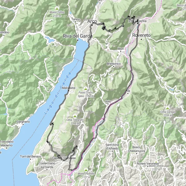 Zemljevid v pomanjšavi "Cesta čez gorske vrhove in slikovite vasice" kolesarske inspiracije v Provincia Autonoma di Trento, Italy. Generirano z načrtovalcem kolesarskih poti Tarmacs.app