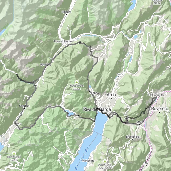 Miniaturní mapa "Vysoce kopcovitá silnice kolem Villa Lagarina" inspirace pro cyklisty v oblasti Provincia Autonoma di Trento, Italy. Vytvořeno pomocí plánovače tras Tarmacs.app