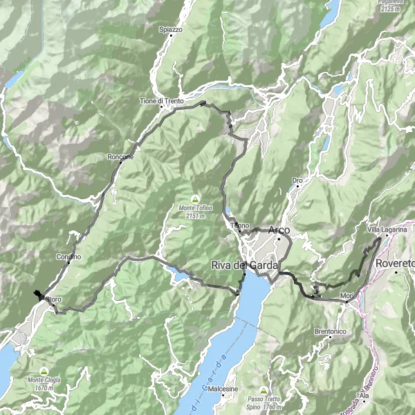 Kartminiatyr av "Rundtur til Passo San Giovanni og Monte Brione" sykkelinspirasjon i Provincia Autonoma di Trento, Italy. Generert av Tarmacs.app sykkelrutoplanlegger